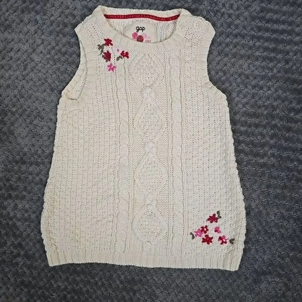 Gap Sweater Vest Toddler Girls 18-24 Cream Floral Cable Knit Cozy Warm Holiday